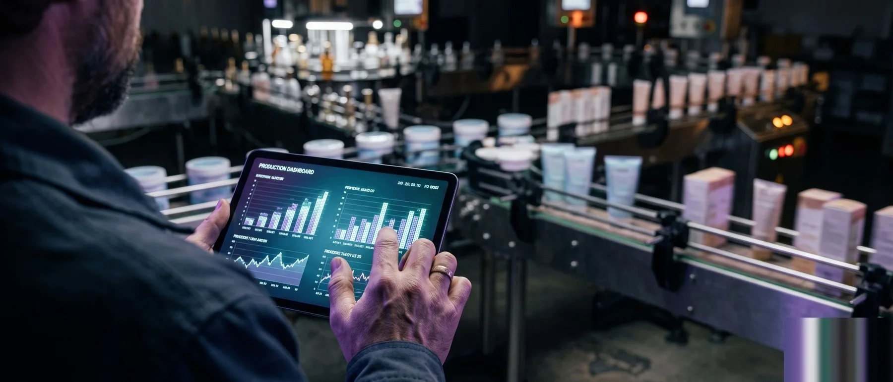 Plant manager reviewing a live production dashboard on a tablet at the line
