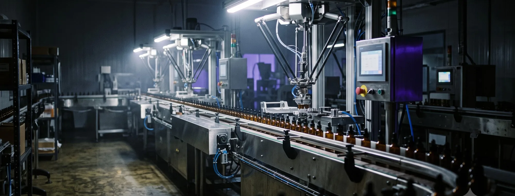 Delta pick robots on a cosmetics packaging line — the floor PackGuru was built on