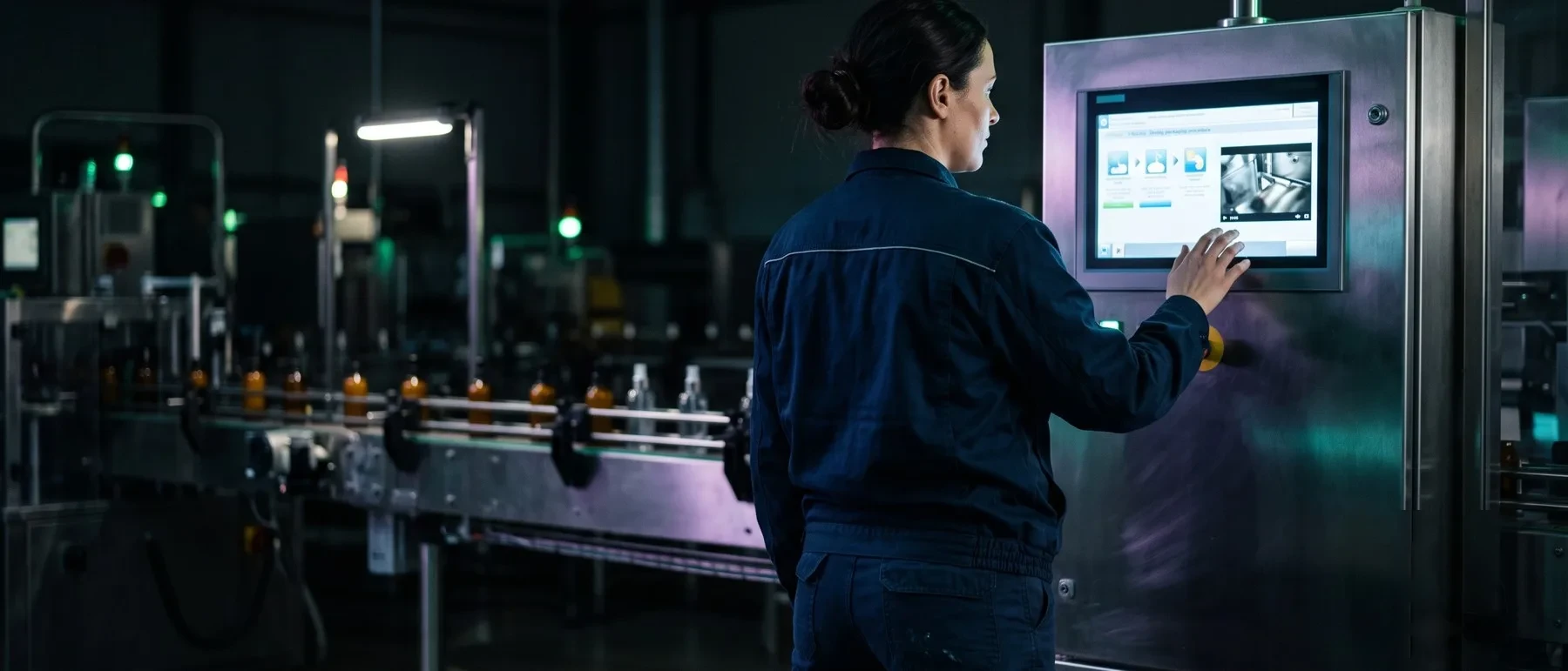 Operator at the machine HMI following a live PackGuru procedure